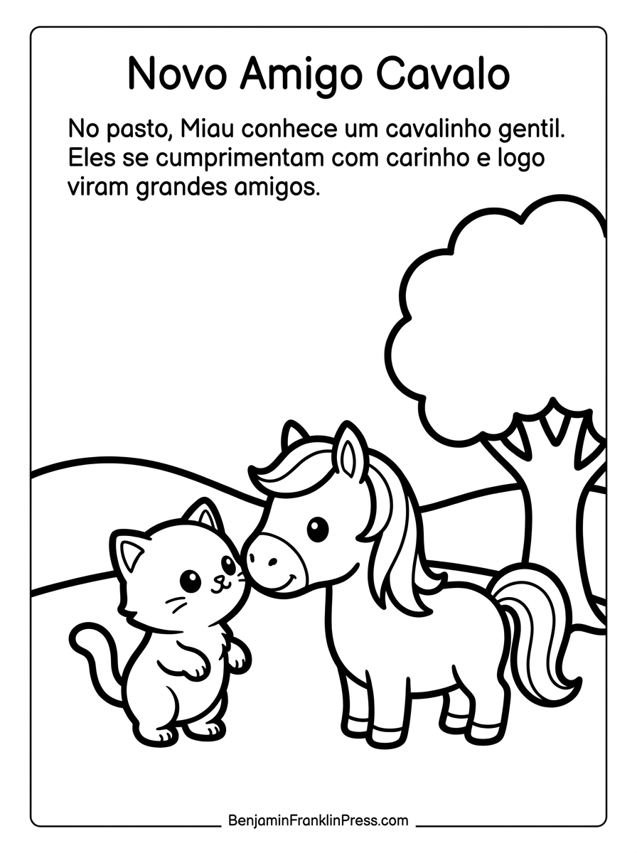 Desenho gatinho para colorir ao lado de um cavalinho no pasto