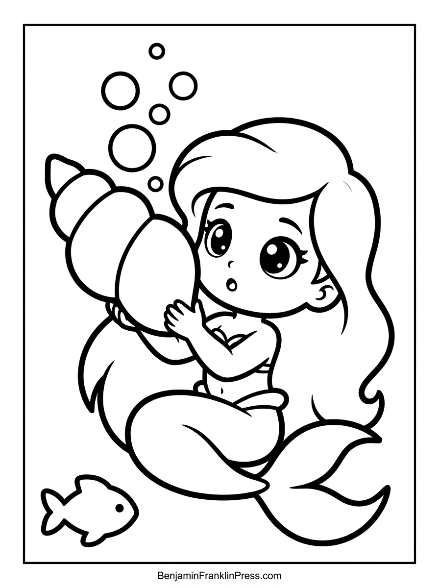 Desenho da sereia para colorir segurando uma concha mágica grande