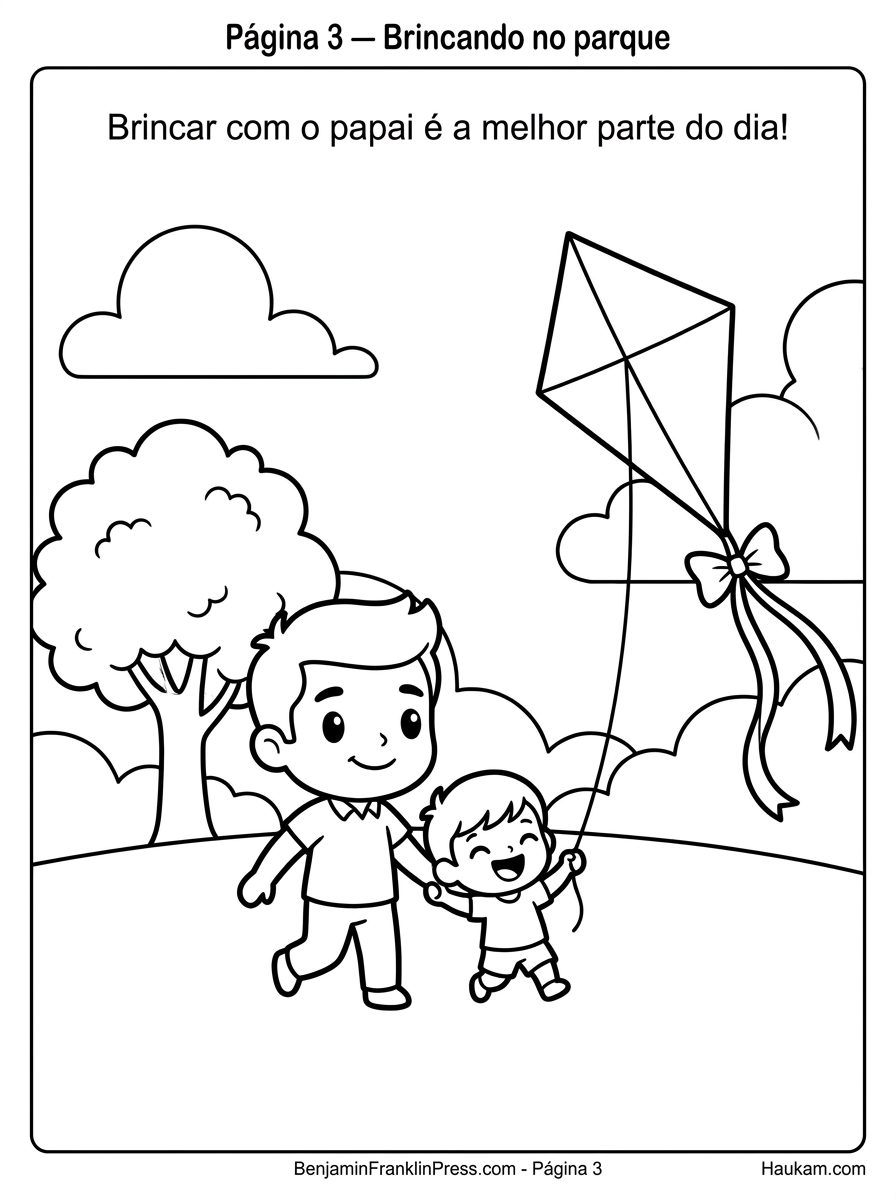 Dia dos pais desenho para colorir com pai e filho soltando pipa no parque, nuvens fofas, estilo chibi