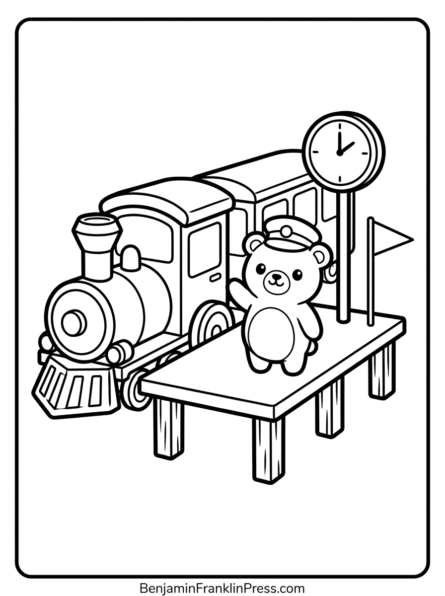 Trem para colorir parado na estação com condutor fofo acenando, desenho infantil para imprimir
