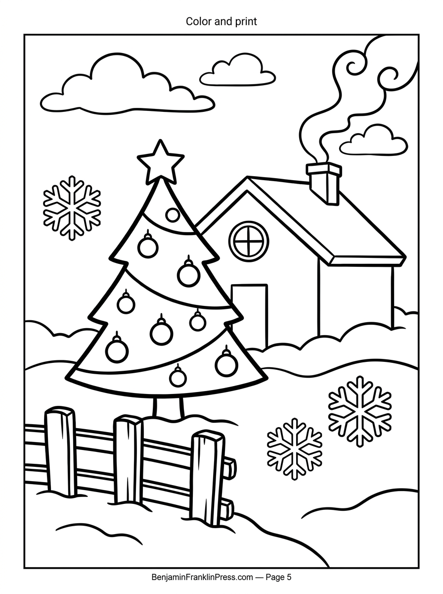 Desenho para colorir e imprimir de árvore de natal ao lado de casinha na neve, com flocos de neve e cerquinha de madeira ao fundo.
