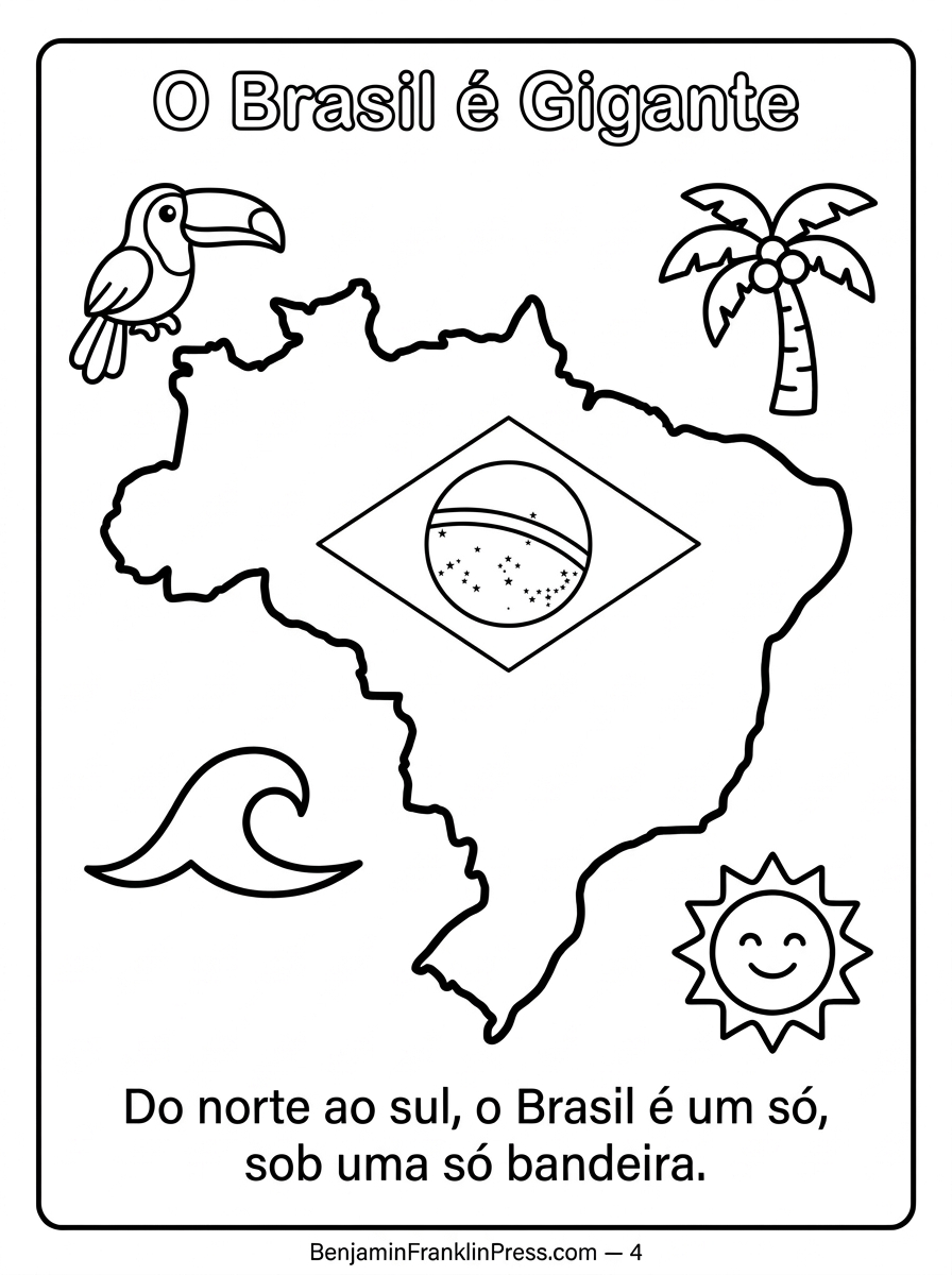 Mapa simplificado do Brasil para colorir com o emblema da bandeira no centro e ícones da fauna nacional, como tucano e palmeira