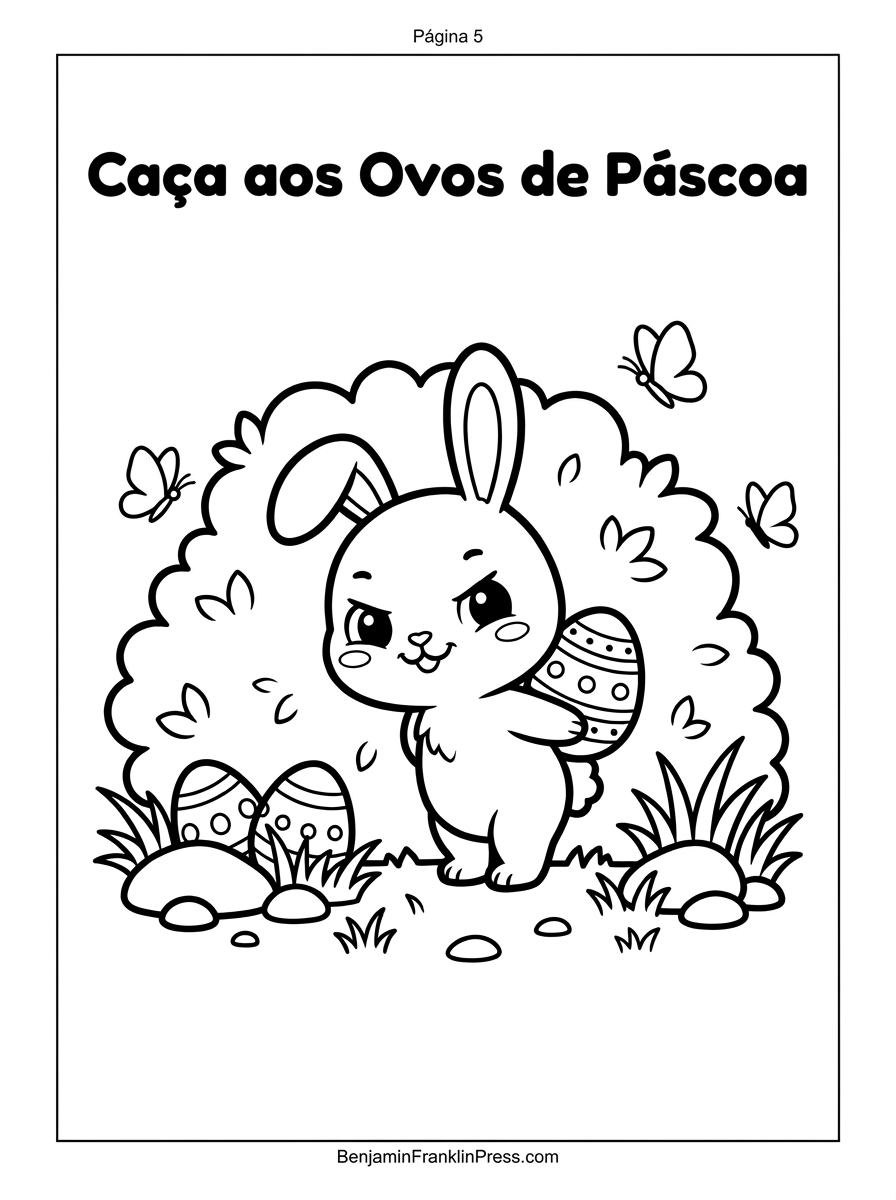 Desenho para colorir de coelhinho brincalhão escondendo ovo de páscoa atrás de arbusto no jardim