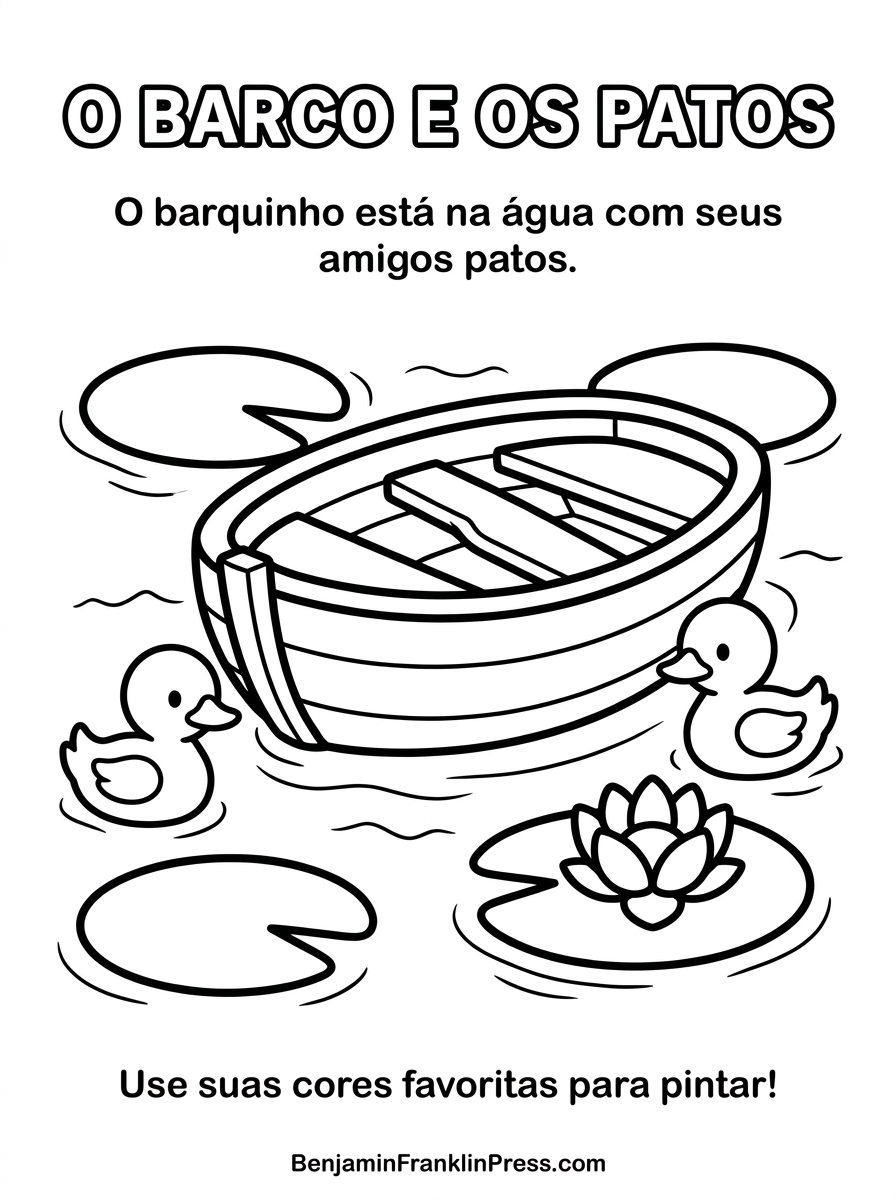 Desenho de barco para colorir, barquinho na lagoa com patinhos e flores de vitória-régia, página infantil para imprimir