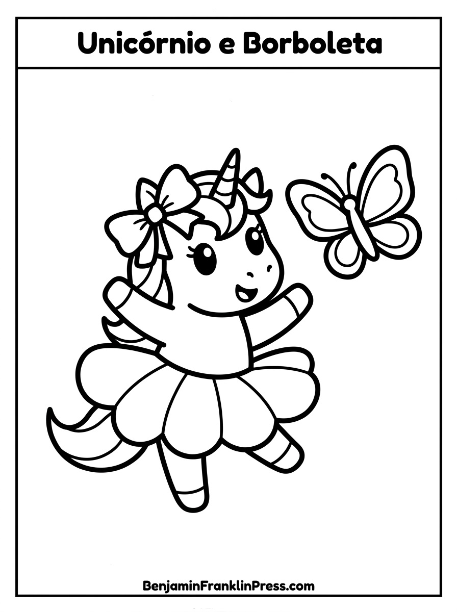 Desenho de unicórnio bailarina para colorir dançando com tutu, ilustração infantil em preto e branco