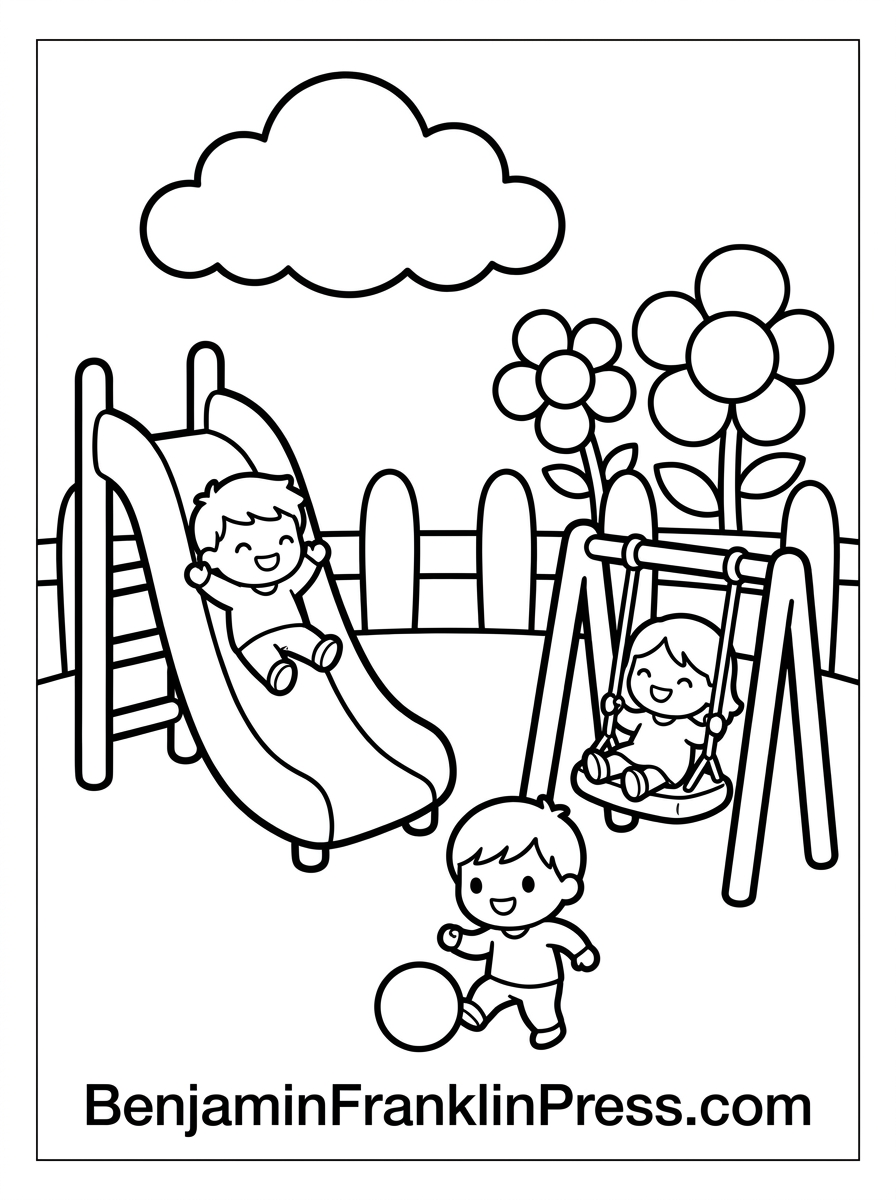 Desenho de escolas para colorir com crianças brincando no parquinho durante o recreio