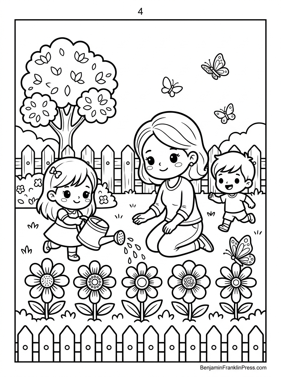 Desenho para colorir Dia das Mães mostrando mãe e filha regando um jardim com flores variadas, enquanto o filho corre atrás de uma borboleta ao fundo