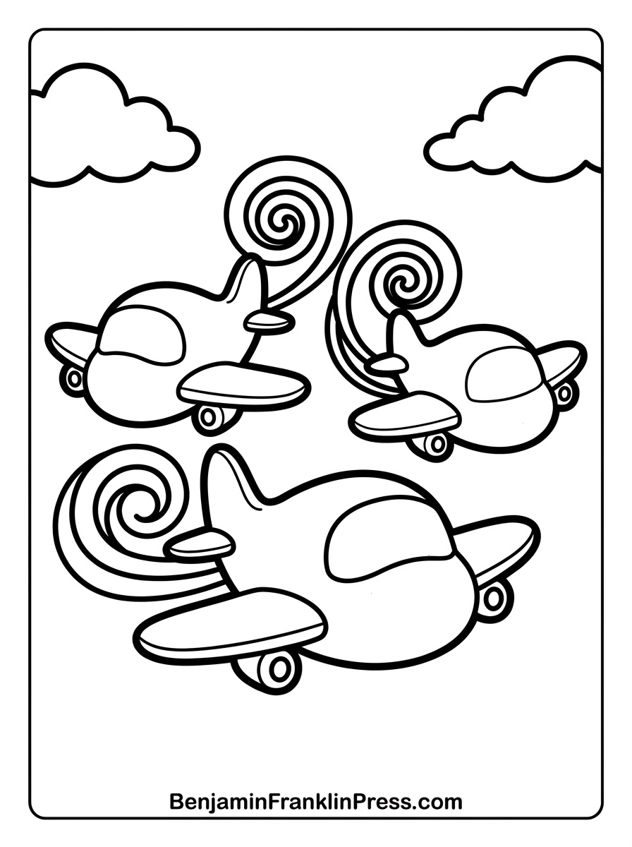 Desenho de três aviõezinhos fofos para colorir, voando em formação com rastros de fumaça