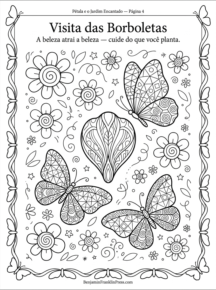 Desenho para colorir de Pétala cercada por borboletas com asas em padrões geométricos e flores com miolos em espiral — flor para colorir e imprimir para crianças de 7 anos.