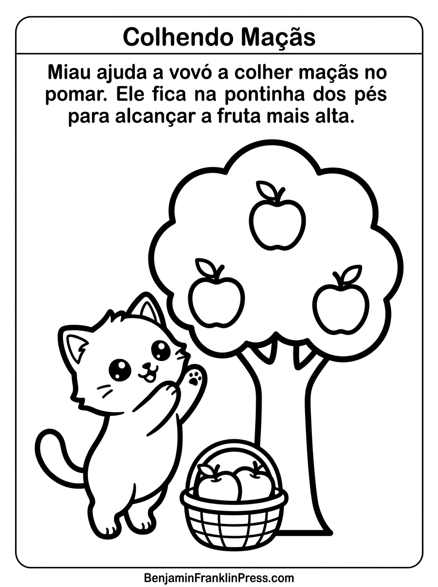 Desenho gatinho para colorir alcançando maçãs em um pomar