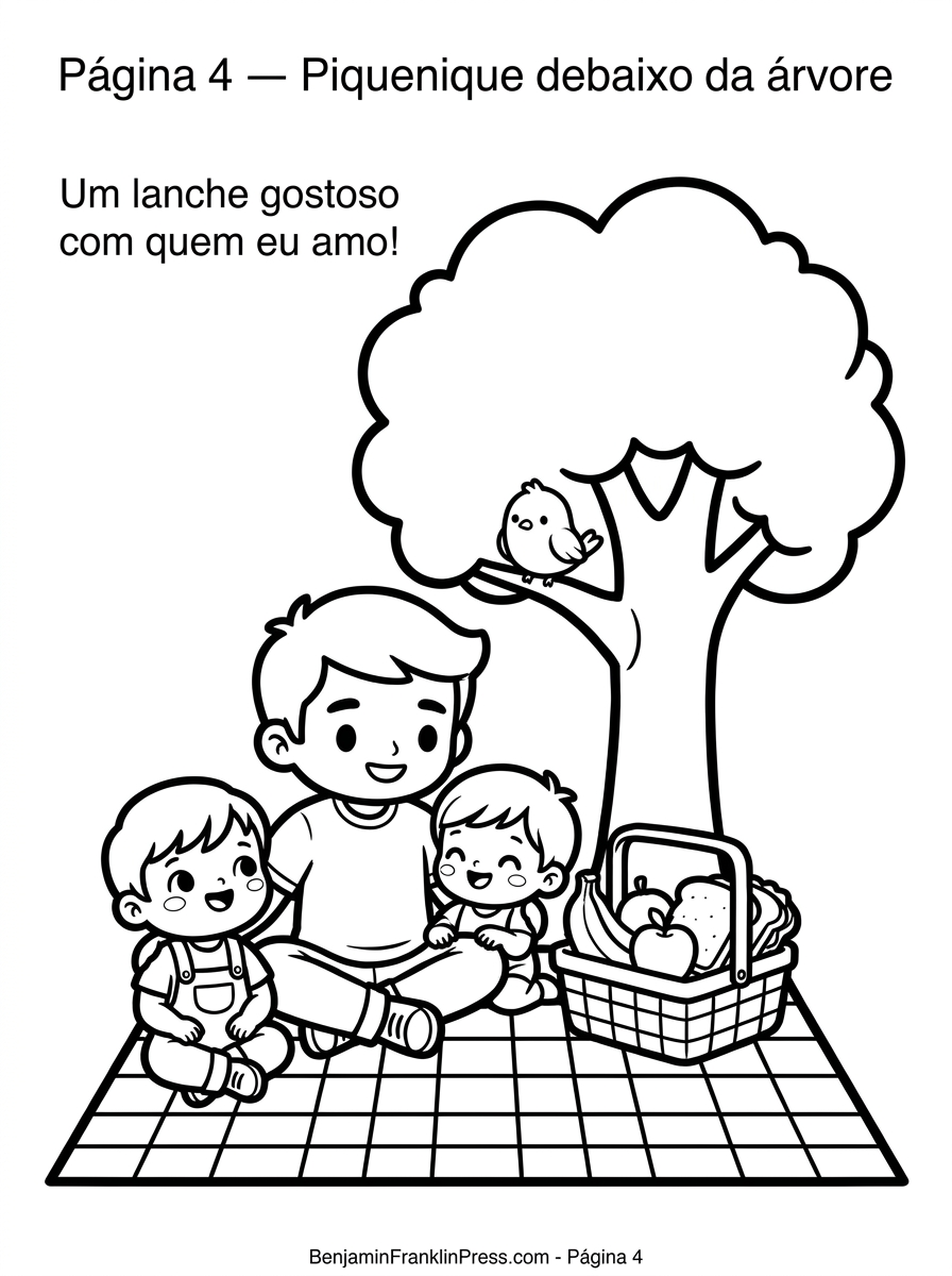 Dia dos pais desenho para colorir com pai e filho fazendo piquenique embaixo de uma árvore, cesta de frutas e passarinho