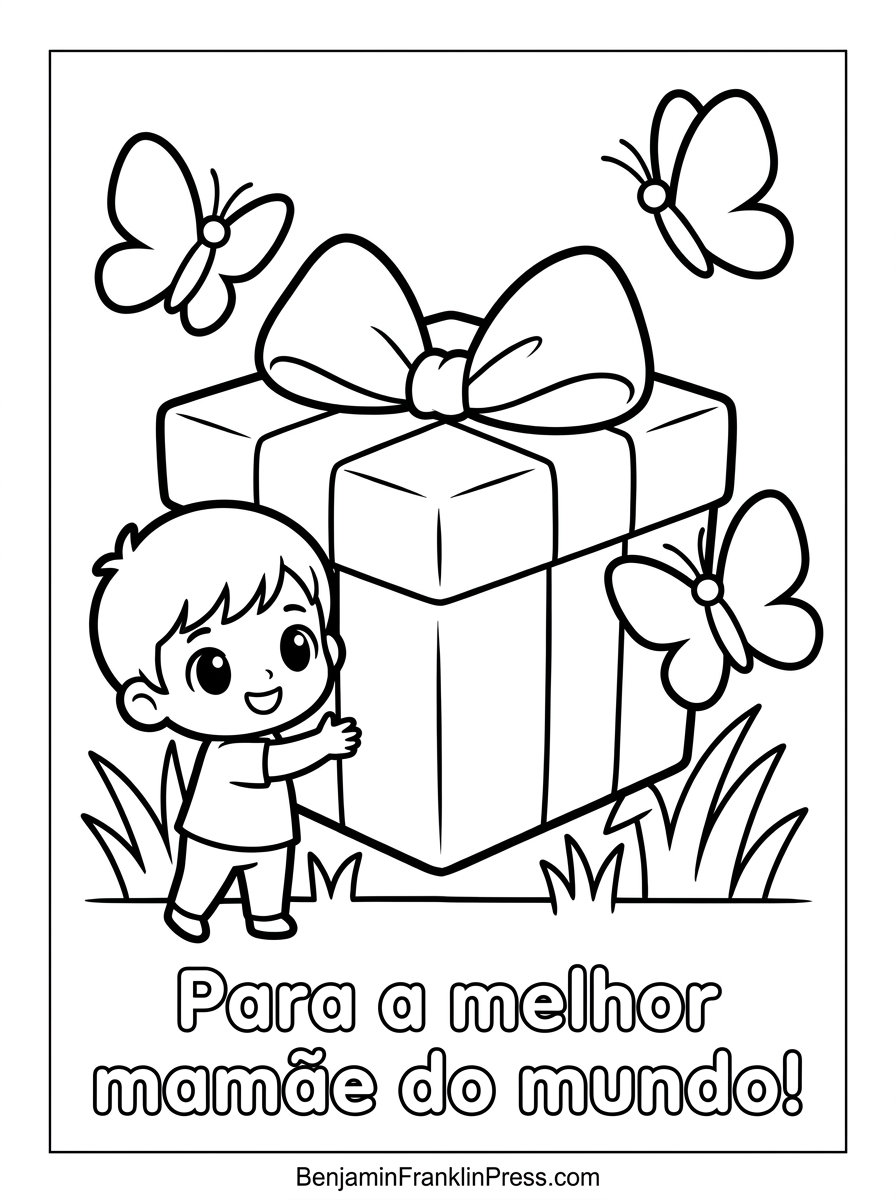 Desenho para colorir Dia das Mães educação infantil com criança segurando caixa de presente grande e borboletas ao redor, estilo fofo e traço grosso.
