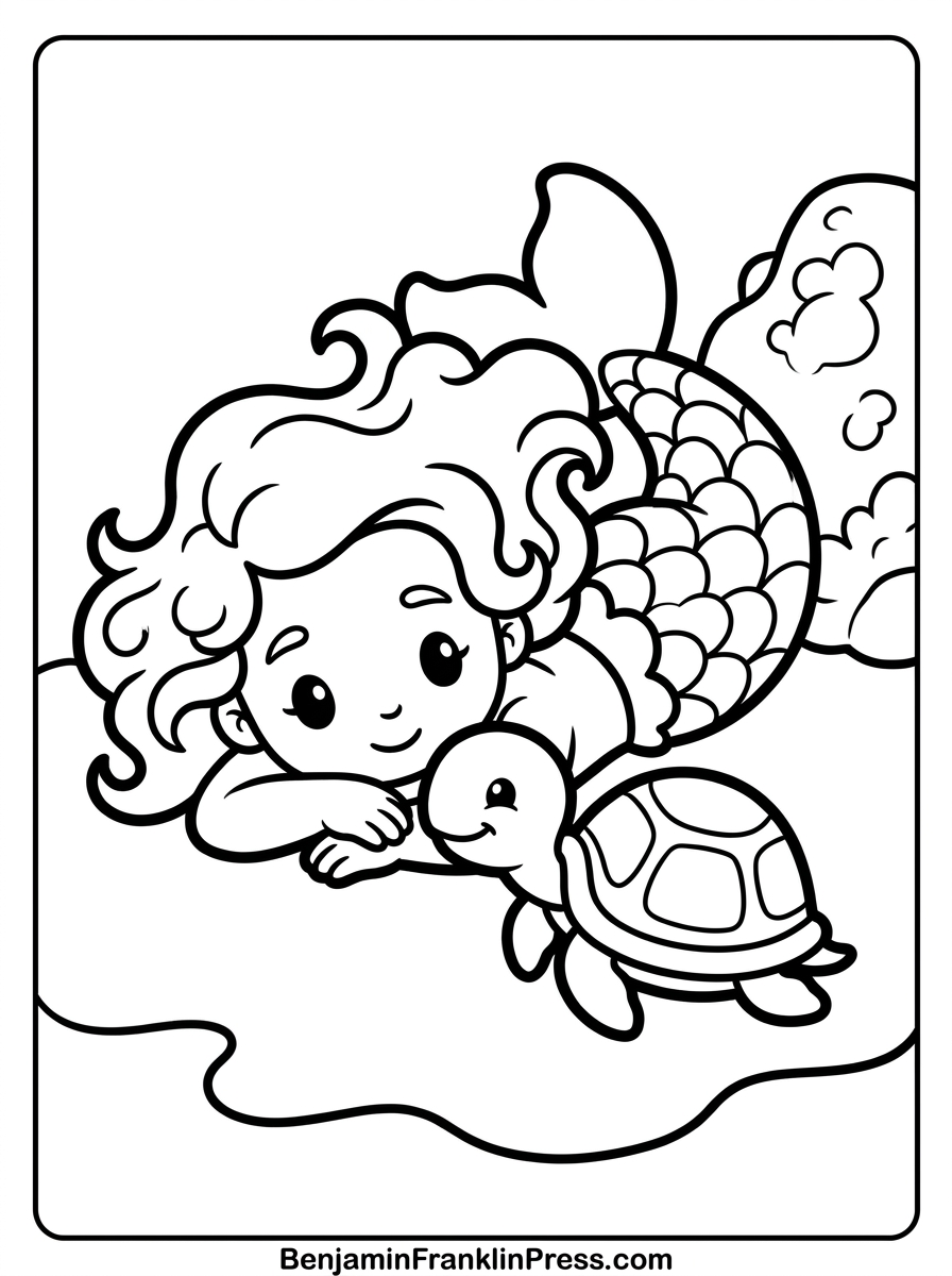 Desenho da sereia para colorir deitada perto de uma tartaruga fofa