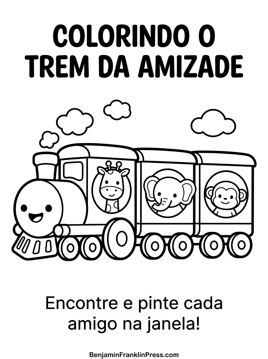 Trem para colorir com bichinhos nas janelas, girafa elefante e macaco, desenho fofo infantil