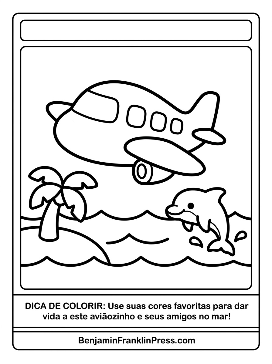 sobrevoando o mar, com ilha, palmeira e golfinho fofo