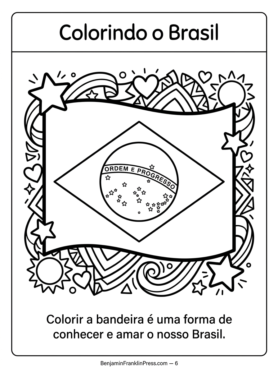 Grupo de crianças de mãos dadas comemorando com bandeirinhas, balões e confetes, desenho para colorir sobre união e civismo.