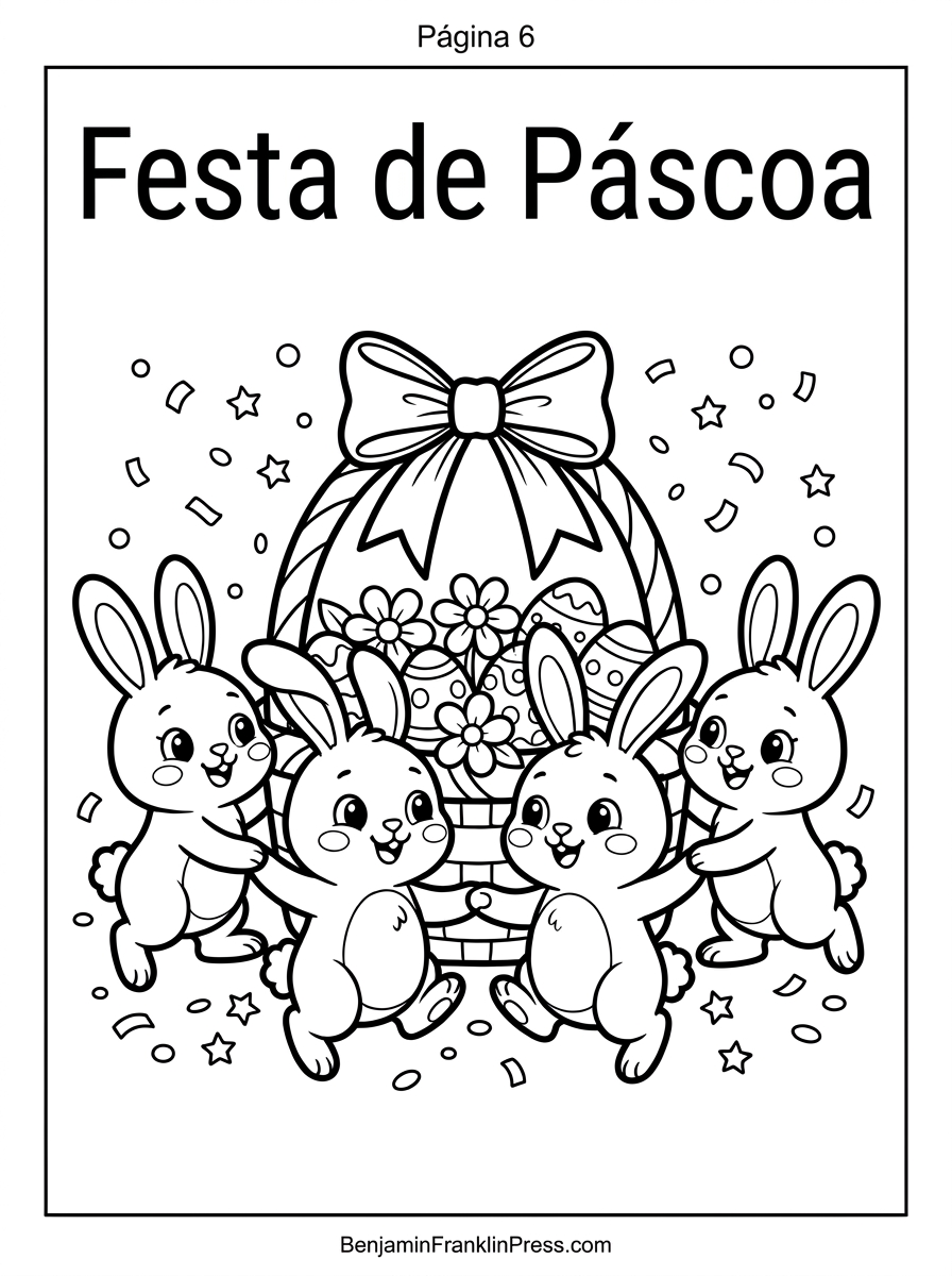 Desenho para colorir de grupo de coelhinhos comemorando a páscoa ao redor de cesta gigante decorada