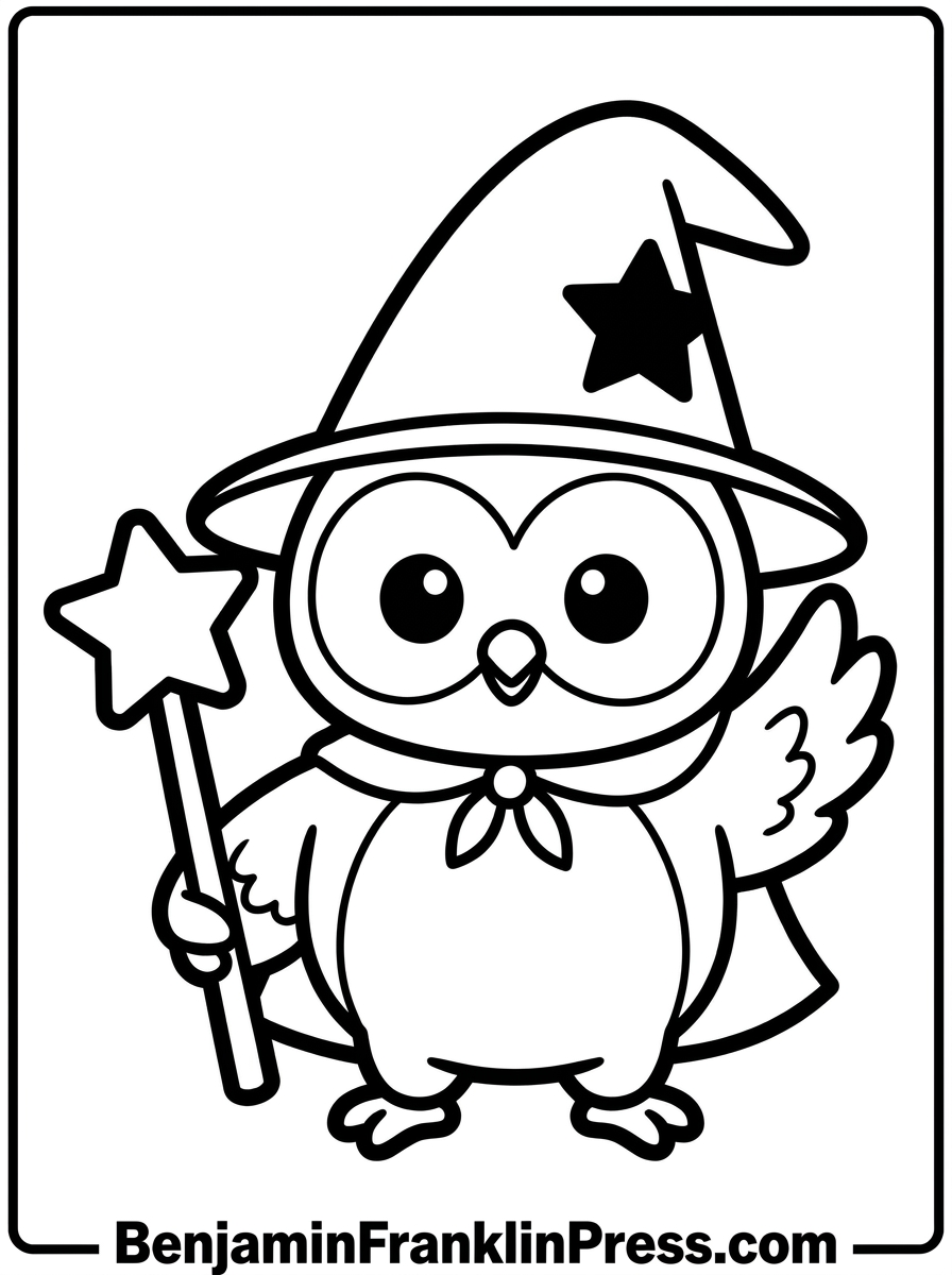 Fantasia - coruja fofa vestida de maga com chapéu e varinha, desenho para imprimir