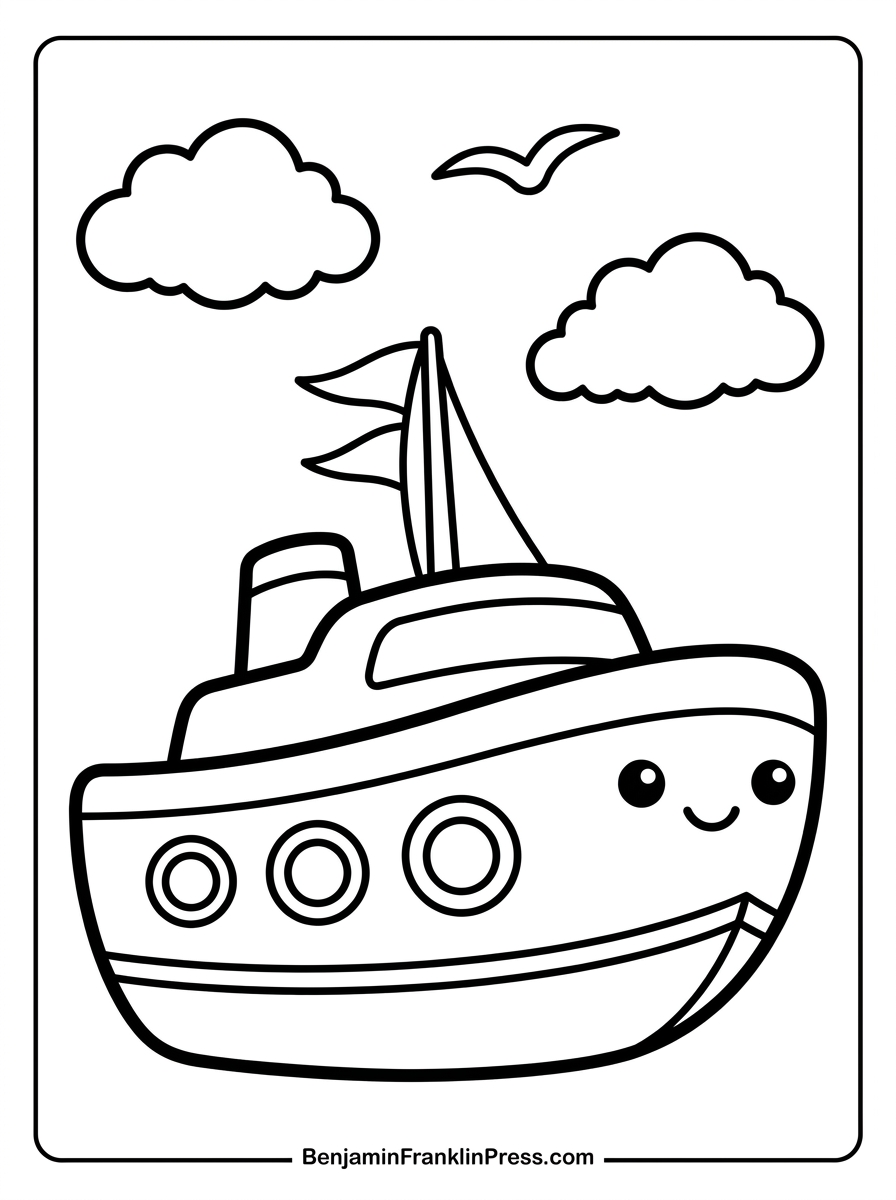 navio grande e fofo com bandeiras, vigias redondas e nuvens no céu, ilustração para imprimir
