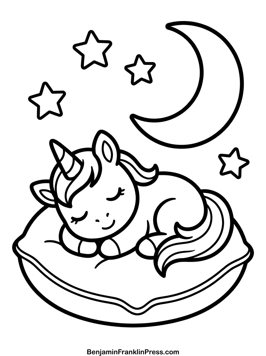 Desenho de unicórnio bebê para colorir dormindo sobre uma almofada, ilustração infantil em preto e branco