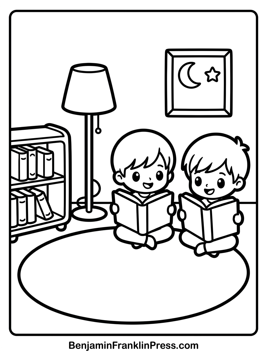 crianças sentadas lendo livros no cantinho da leitura