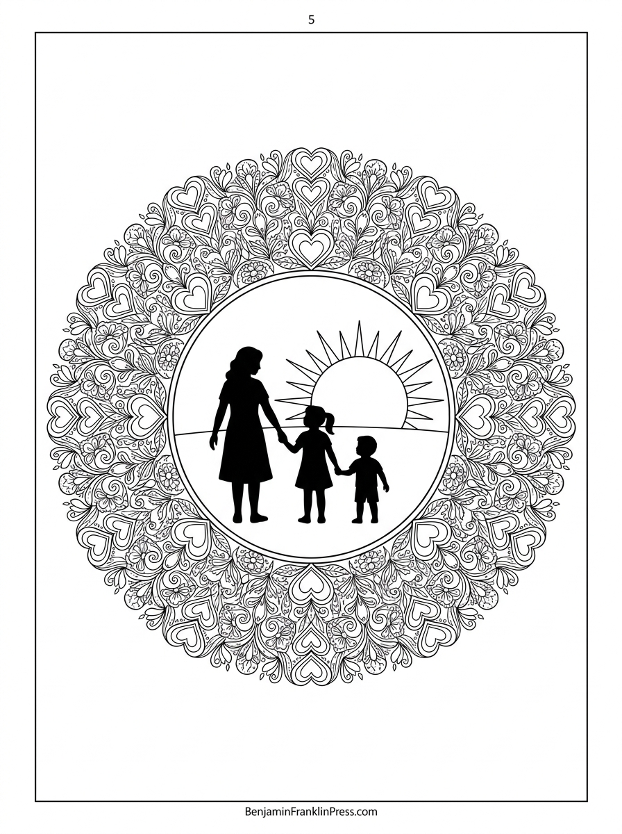 moldura decorativa de flores e corações ao redor da silhueta de mãe e filhos de mãos dadas, voltados para o sol