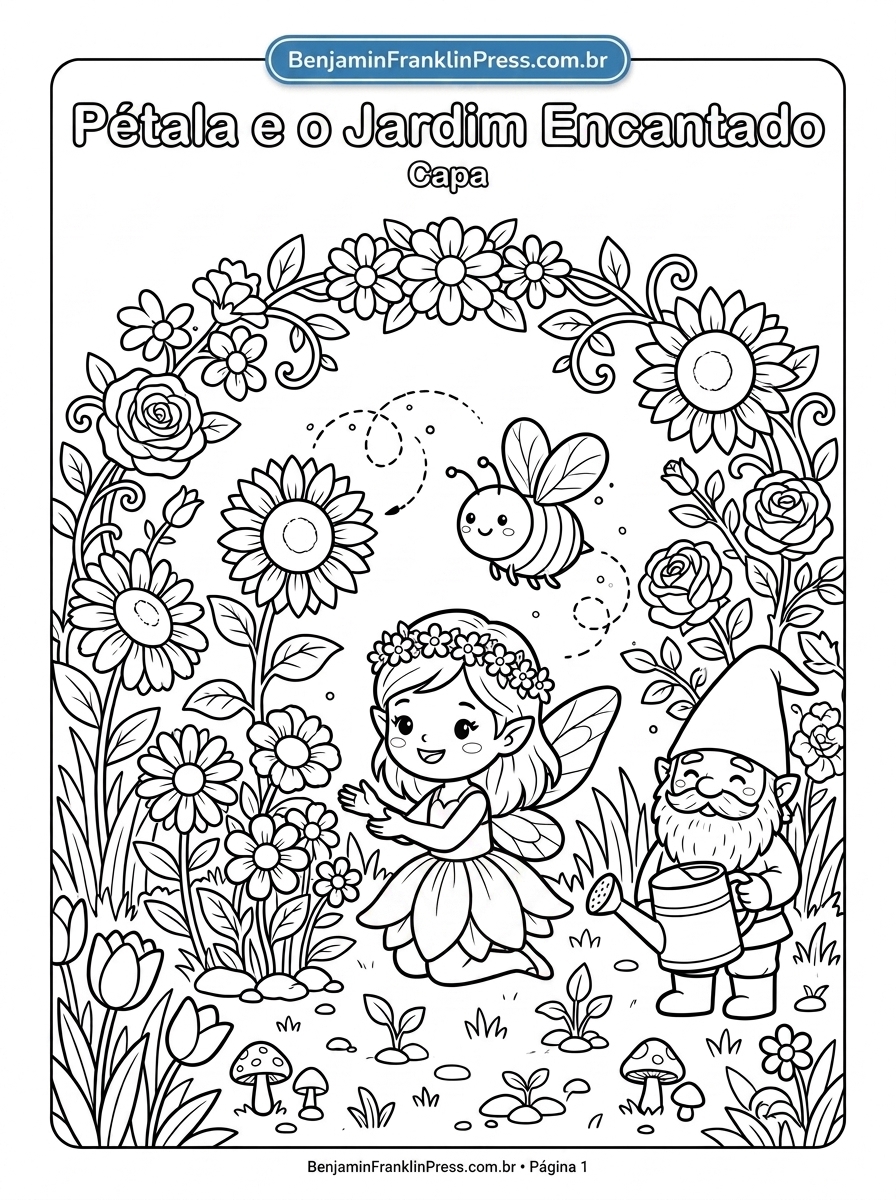 Desenho para colorir de Pétala, Zum, Bolinha e o gnomo Seu Raiz reunidos em uma festa no jardim, com sol, borboletas e arco de flores 