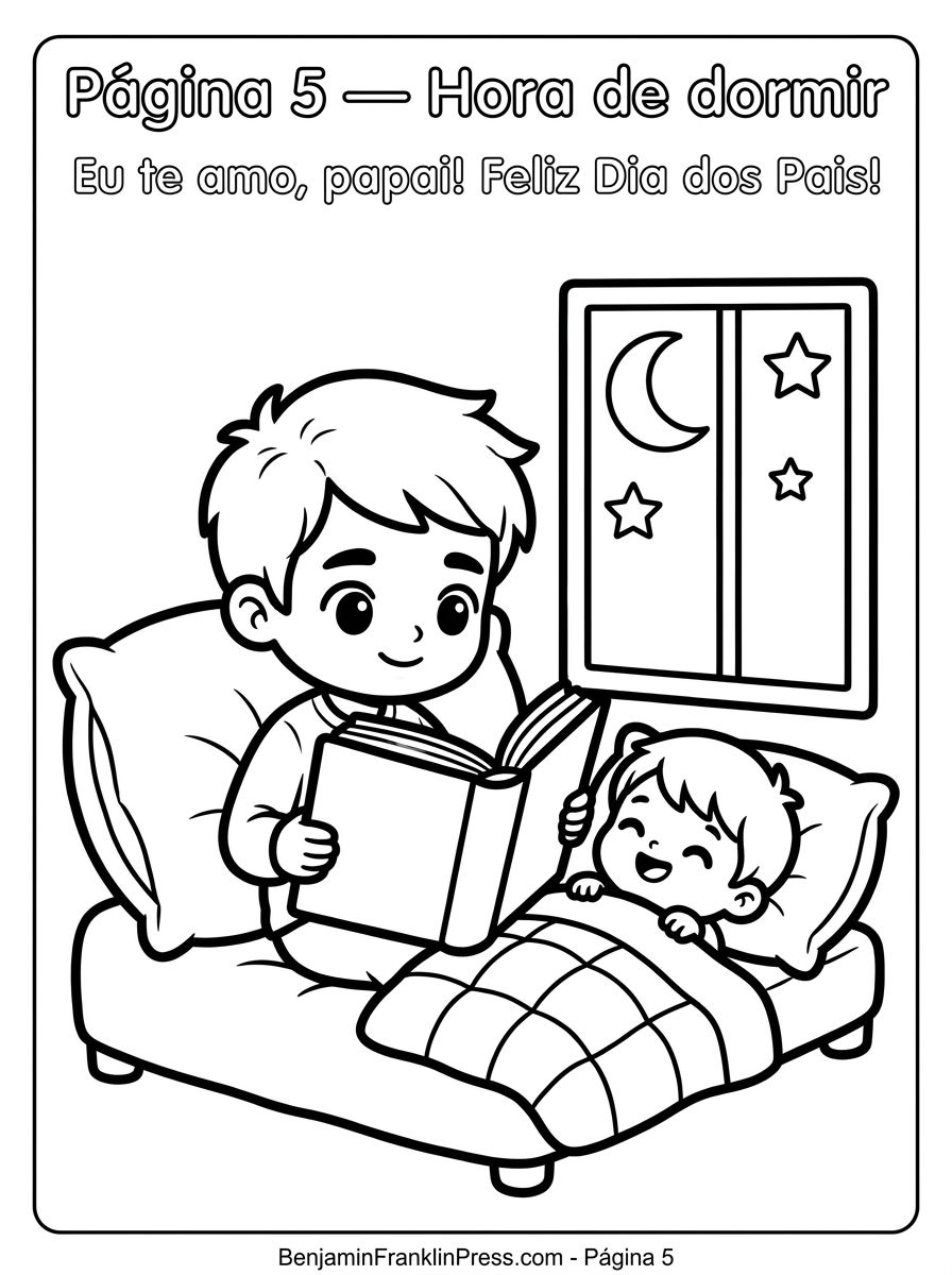 Dia dos pais desenho para colorir com pai lendo livro para o filho antes de dormir, lua e estrelas, estilo chibi