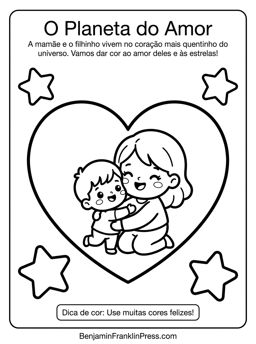 coração grande, mãe e filho abraçados no centro e estrelas ao redor, estilo fofo para crianças.