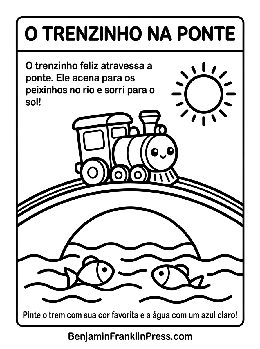 atravessando ponte sobre rio com peixinhos, desenho infantil fofo para imprimir