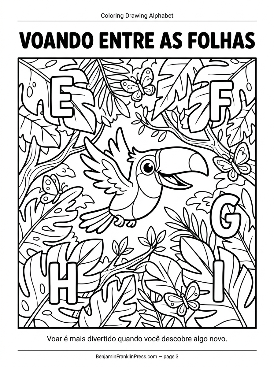 Desenho para colorir em preto e branco de Tuca, o tucano, voando entre folhas de árvore com as letras E, F, G, H e I escondidas na copa e uma borboleta ao lado.