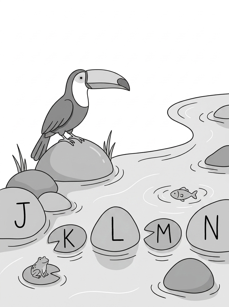 Desenho para colorir em preto e branco de Tuca, o tucano, à beira de um rio com as letras J, K, L, M e N sobre pedras e folhas de vitória-régia, ao lado de um sapo e um peixinho.