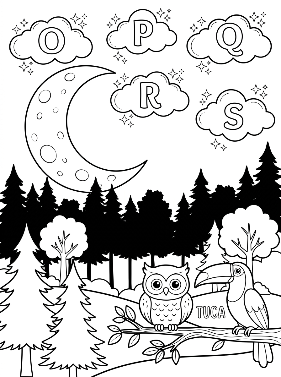 Desenho para colorir em preto e branco de Tuca, o tucano, em um céu noturno estrelado com as letras O, P, Q, R e S formadas por estrelas e nuvens, ao lado de uma coruja.