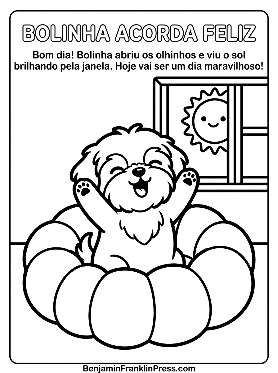 Desenho de um cachorro para colorir, cachorrinho fofo acordando na caminha, página para imprimir infantil