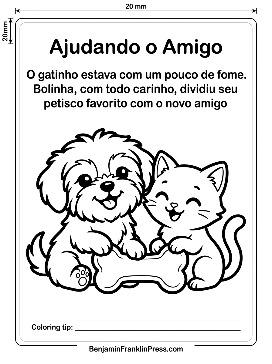 Desenho de um cachorro para colorir dividindo petisco com gatinho, desenho educativo para crianças