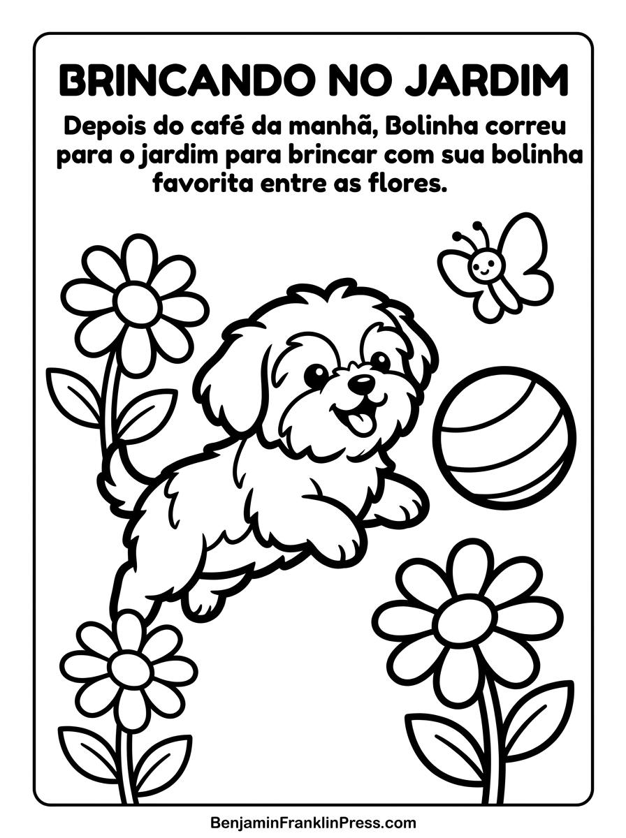 Desenho de um cachorro para colorir brincando com bola no jardim, atividade infantil para imprimir