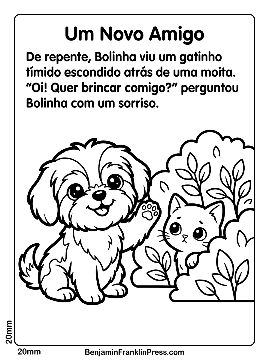 Desenho de um cachorro para colorir encontrando gatinho tímido, página para colorir grátis infantil