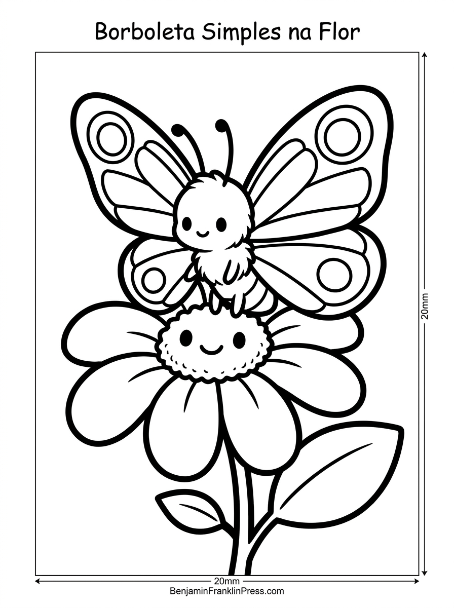 Desenho de borboleta para colorir pousada em uma flor, traços simples para crianças pequenas
