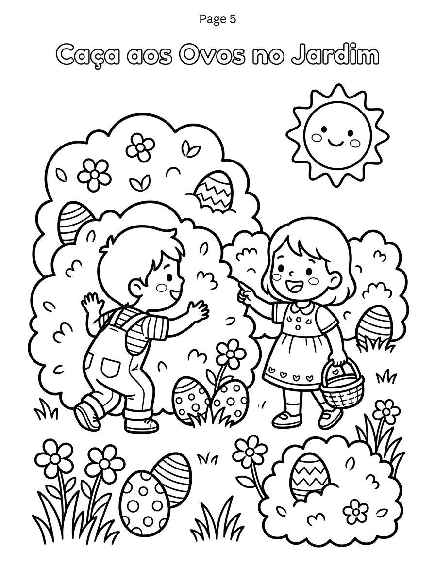 Crianças brincando de caça aos ovos de páscoa para colorir em um jardim, desenho para imprimir e colorir