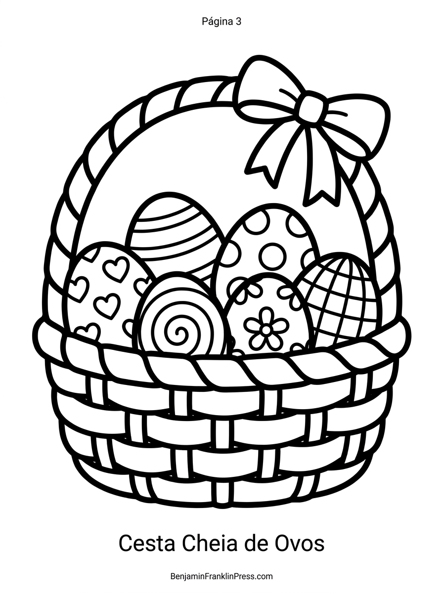 Cesta cheia de ovos de páscoa para colorir com estampas de corações, listras e flores, desenho para crianças