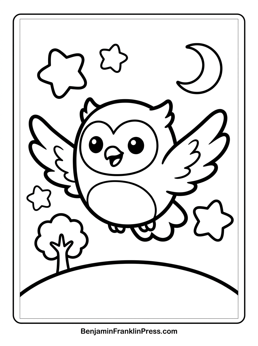 Coruja colorir voando - coruja fofa em pleno voo com estrelas, desenho para colorir infantil