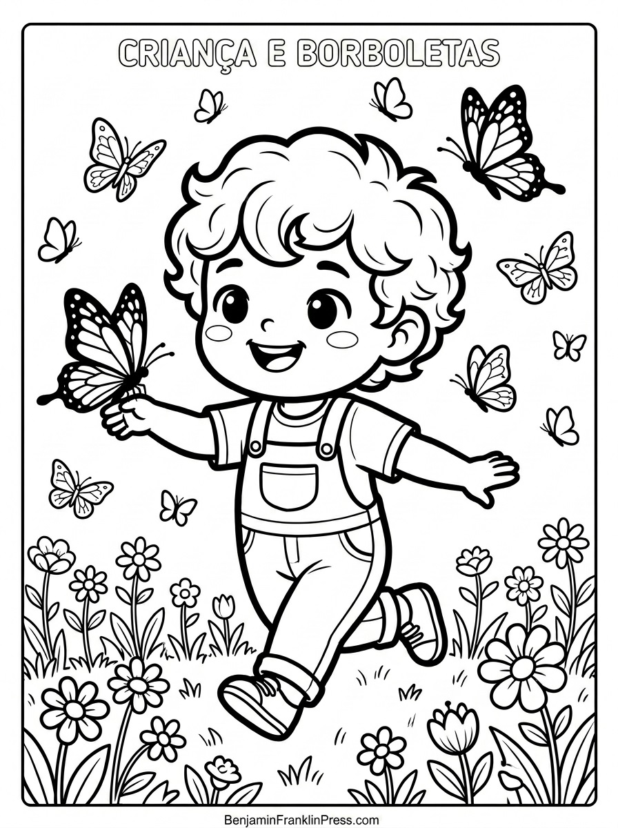 Ilustração de borboleta para colorir com uma criança sorridente brincando em um campo florido