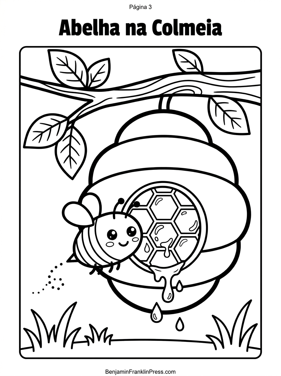  Desenho de abelha para colorir ao lado de uma colmeia com favo de mel hexagonal