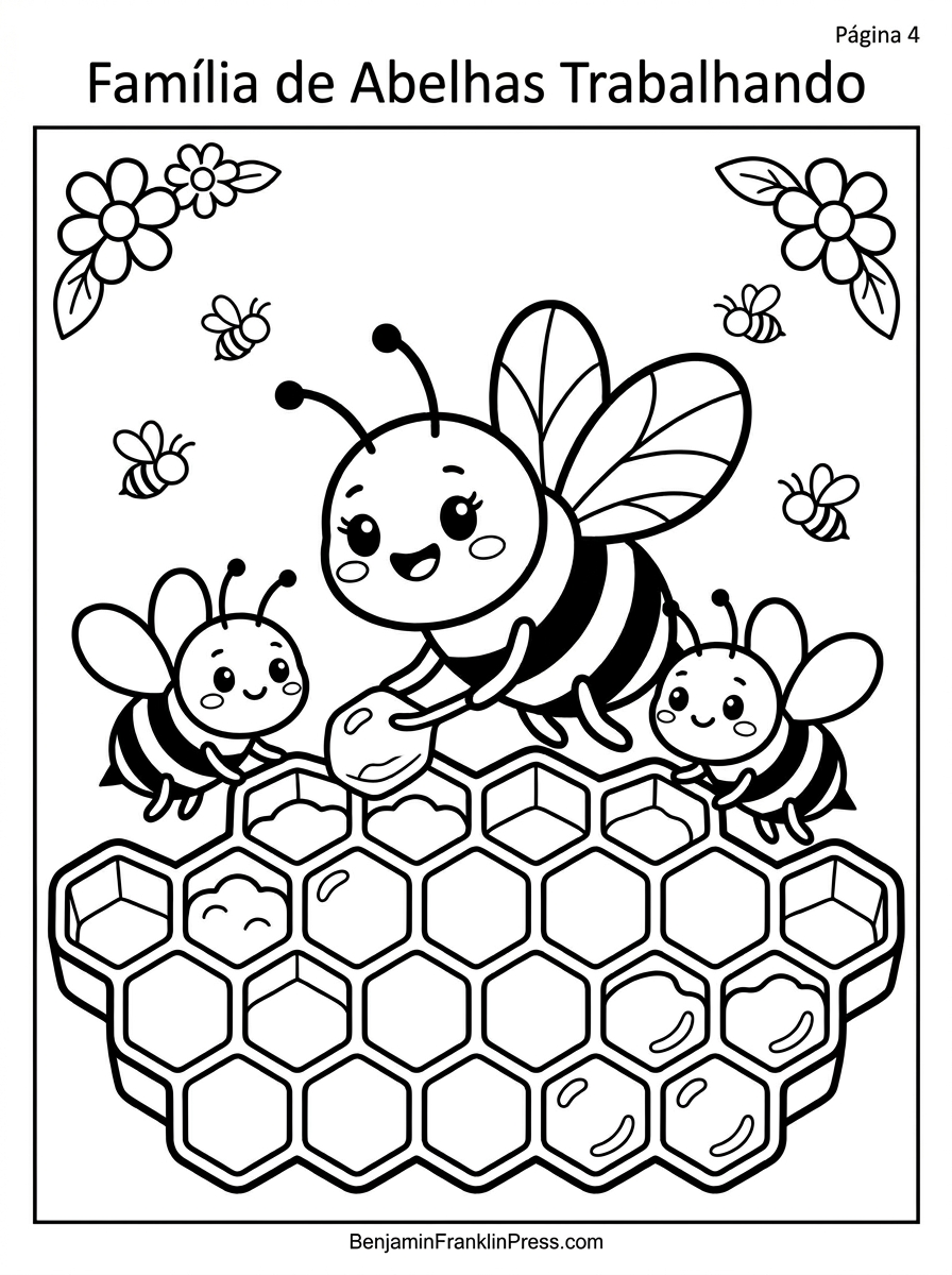 Desenho de abelha para colorir com família de abelhinhas trabalhando juntas em um favo de mel