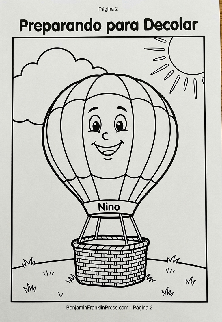 Desenho de balão para colorir com Nino se preparando para decolar, ilustração simples para crianças pequenas