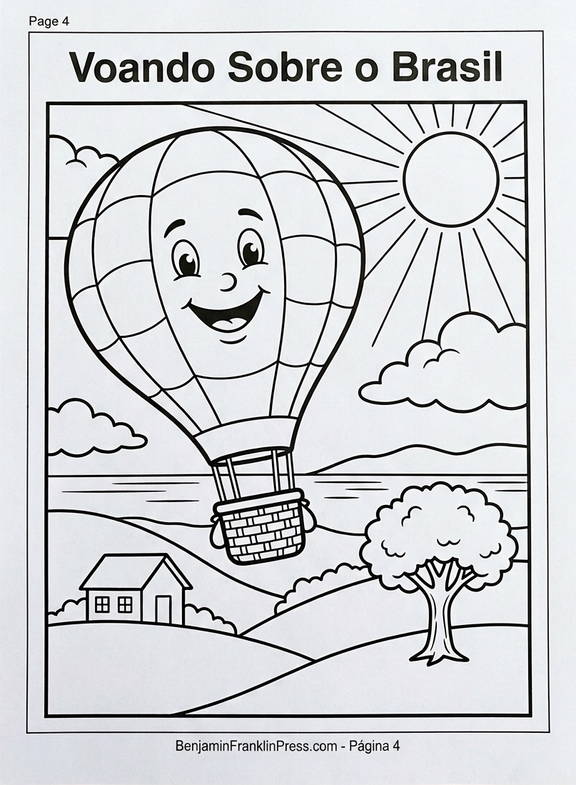 Desenho de balão para colorir com Nino sobrevoando uma paisagem brasileira, com casinha e árvore