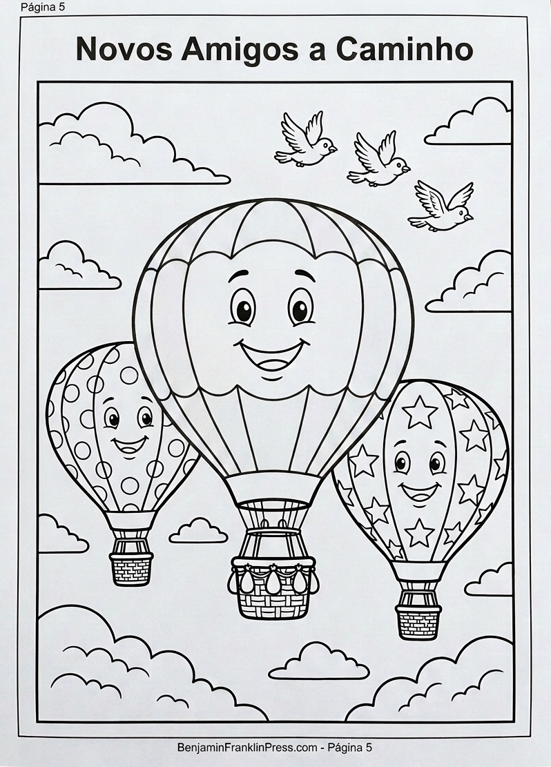Desenho de balão para colorir com Nino e dois balões amigos voando juntos no céu