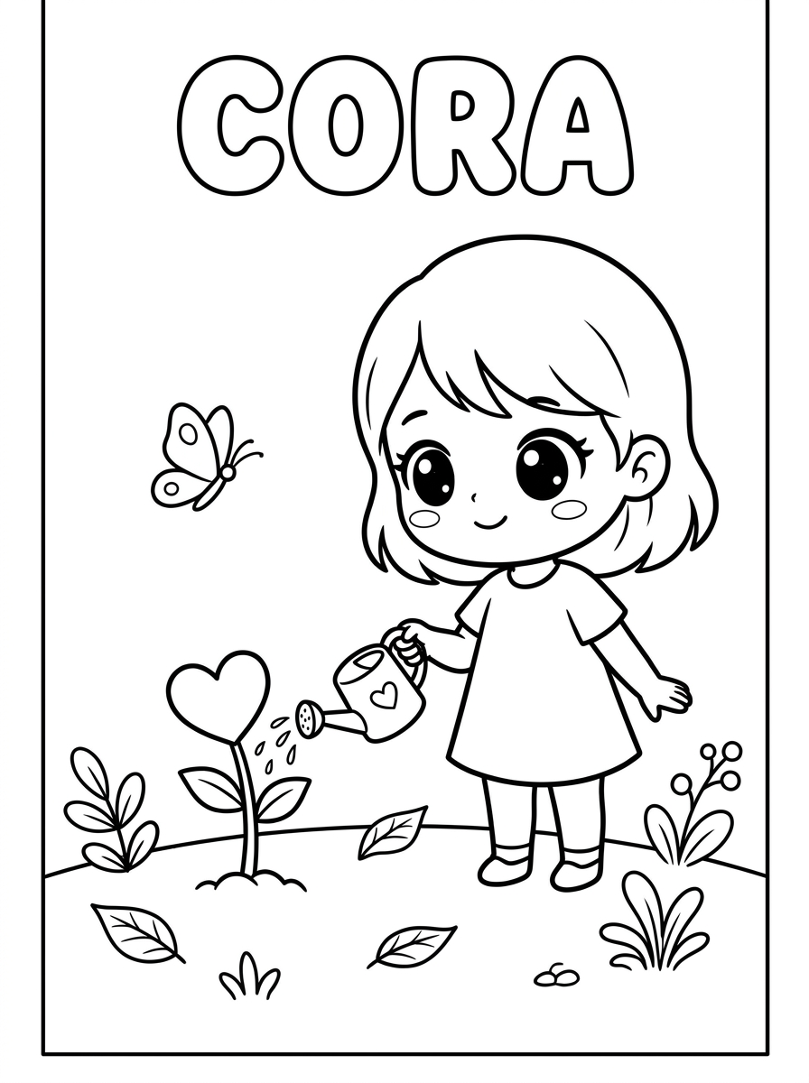 Desenho de coração para colorir: Cora regando uma florzinha em formato de coração no jardim, com uma borboleta por perto.