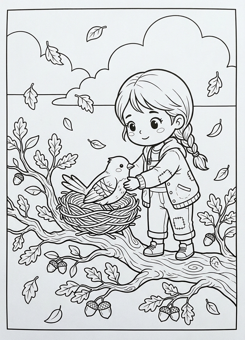 Desenho de coração para colorir: Cora colocando um passarinho ferido com cuidado dentro de um ninho na árvore.