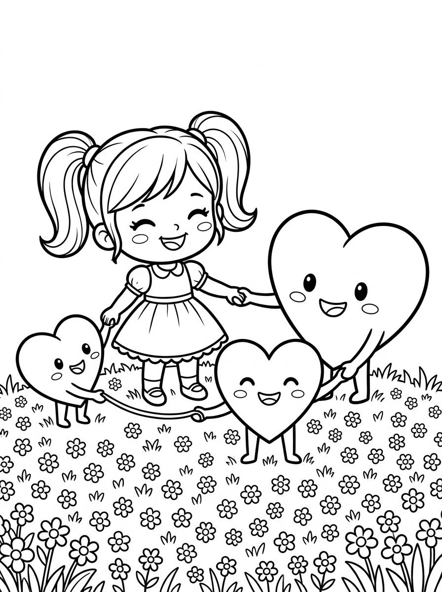 Desenho de coração para colorir: Cora de mãos dadas com três amigos coraçõezinhos sobre um gramado florido.